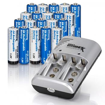 Ultimaxx 20 Pack 3150 mAh Rechargable AA Batteries with NiMH Charger