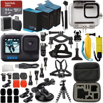 GoPro HERO10 (Hero 10) Black + SD Ultra 64GB microSD Memory Card 2X Replacement Batteries Underwater Housing Mini Suction Cup Mount Selfie-Stick/Monopod & Much More (26pc Bundle)