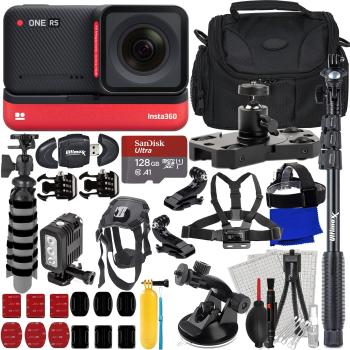 Insta360 ONE RS 4K Edition + SanDisk 128GB Ultra MicroSDXC Underwater LED Light Mini Metal Camera Dolly Action Cam Harness for Pets Chest & Head Straps w/Action Cam Mounts &Much More(34pc Bundle)