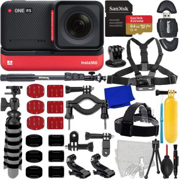 Insta360 ONE RS 4K Edition + SanDisk 64GB Extreme Micro SDXC Multi-Adjustable Bike/Pipe Mount 48” Monopod with Action Camera Adapter Mini “Gripster” Tripod Card Reader & Much More (28pc Bundle)