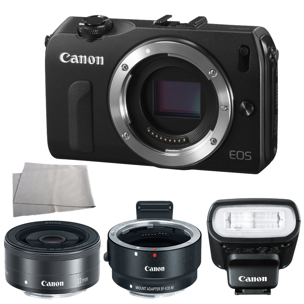Canon EOS M Mirrorless Digital Camera with EF M 22mm f/2 STM Lens + Canon EF M Lens Adapter + Canon Speedlite 90EX Flash Bundle