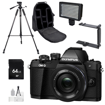 Olympus OM-D E-M10 Mark II Mirrorless Micro Four Thirds Digital Camera with 14-42mm Lens (Black) + 64GB Memory Card Accessory Kit
