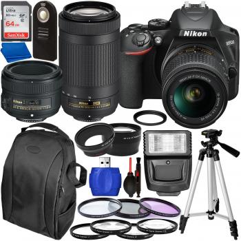 Nikon D7500 DSLR Camera 18-55mm, 70-300mm, & 50mm Nikon Lenses and Bundle � Includes: SanDisk Ultra 64GB SDXC Memory + Slave Flash + 3PC Filter Set + 4PC Macro