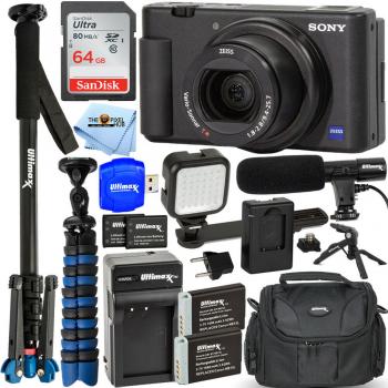 Sony ZV-1F Vlogging Camera (Black) (ZV1FB) + Case + 64GB Card + 2 x NP-BX1  Battery + Card Reader + Corel Photo Software + LED Light + Charger + Flex