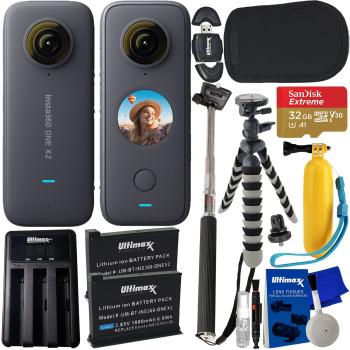 Insta360 ONE X2 360 Action Camera + SanDisk Extreme 32GB microSDHC 2X Extended Life Batteries (1800mAh) Mini “Gripster” Tripod Selfie Stick Floating “Bobber” Handle & Much More (19pc Bundle)