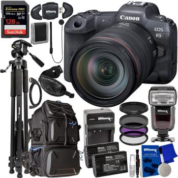 Canon EOS R5 Mirrorless Camera with RF 24-105mm f/4 L IS USM Lens + SanDisk 128GB Extreme Pro SDXC Lightweight 75” Tripod Variable Neutral Density Filter 3PC UV Filter Kit & So Much More (30pc Bundle)
