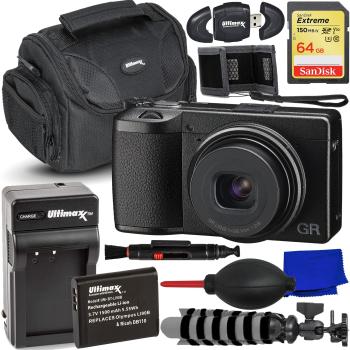 Ricoh GR IIIx Digital Camera + SanDisk 64GB Extreme SDXC Memory CardReplacement Battery with Rapid Travel Charger Water-Resistant Gadget Bag Mini Gripster Tripod & More (16pc Bundle)