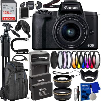 Canon EOS M50 Mark II Mirrorless Camera with 15-45mm Lens + SanDisk 128GB Ultra SDXC 2X Extended Life Batteries (1300 mAh) Variable Neutral Density Filter (ND2-ND400) & Much More (37pc Bundle)