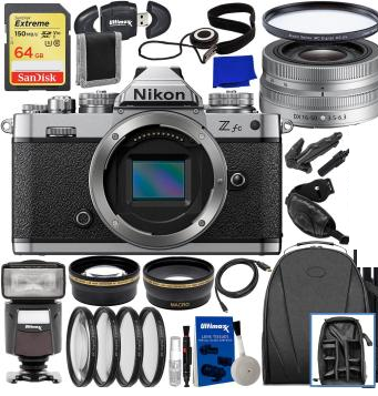 Nikon Zfc Mirrorless Camera with 16-50mm Lens (Silver)+ SanDisk 64GB Extreme SDXC Memory Card Universal Speedlite with LED Light 0.43x Wide-Angle Lens Attachment w/Detachable Macro & Much More(29pc Bundle)