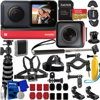 Insta360 ONE RS Twin Edition + SanDisk 64GB Extreme MicroSDXC Multi-Adjustable Bike/Pipe Mount Selfie Stick with Action Camera Adapter Mini “Gripster” Tripod Card Reader & Much More (28pc Bundle)