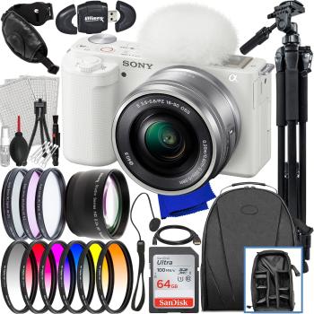 Sony ZV-E10 Mirrorless Camera with 16-50mm Lens (White) + Advanced Accessory Bundle: SanDisk 64GB Ultra SDXC 60” Tripod 6PC Gradual Color Filter Kit & Much More (33pc Bundle)