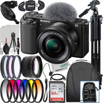 Sony ZV-E10 Mirrorless Camera with 16-50mm Lens (Black) + Advanced Accessory Bundle: SanDisk 64GB Ultra SDXC 6PC Gradual Color Filter Kit 60” Tripod & Much More (33pc Bundle)