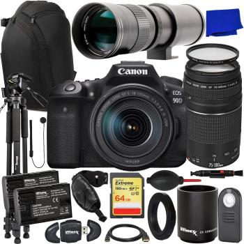 Canon EOS 90D DSLR Camera w/EF-S 18-55mm F/4-5.6 STM Zoom Lens + 75-300mm  F/4-5.6 III Lens+ 64GB Memory Card, Case, Hood, Tripod, Grip-Pod, Filter