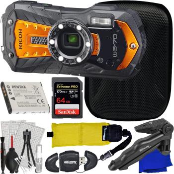 Ricoh WG-70 Digital Camera (Orange) with Essential Accessory Bundle: S