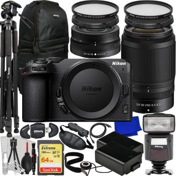 Nikon Z30 Mirrorless Camera with 16-50mm & 50-250mm Lenses + SanDisk 64GB Extreme SDXC Universal Speedlite 60” Tripod 2x Batteries Sling Backpack & Much More (33pc Bundle)