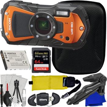 Ricoh WG-80 Digital Camera (Orange) + SanDisk 64GB Extreme Pro SDXC Floating Wrist Strap 6.5” Tabletop Tripod & More (19pc Bundle)