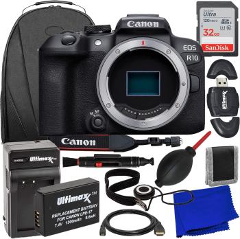 Canon EOS R10 Mirrorless Camera (Body Only) + SanDisk 32GB Ultra Memory Card Spare Battery Water-Resistant Backpack Rapid Travel Charger & More (19pc Bundle)