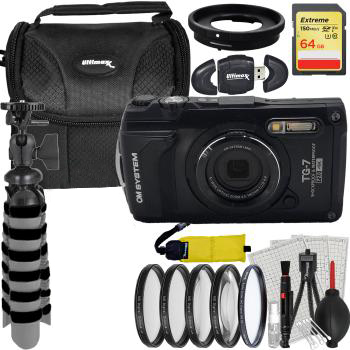 OM SYSTEM Tough TG-7 Digital Camera Bundle (Black) - Includes: 64GB Ex