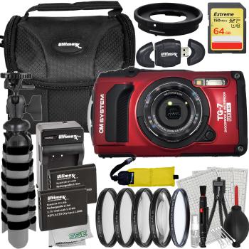 OM SYSTEM Tough TG-7 Digital Camera Bundle (Red) - Includes: 64GB Extr
